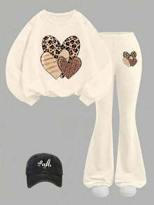 Tween Girl Heart Print Crew Neck Long Sleeve Sweatshirt And Flare Pants Casual Set - Apricot - View 2