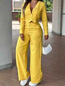 Women's Solid-Color Fall Commuter And Casual Two Pieces Set: Long-Sleeve Front-Button Blazer And High-Waisted Straight-Leg Pants With Button And Zipper - Yellow - View 3