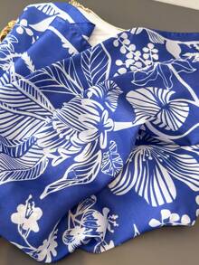 1件女款夏季花卉印花領結方巾，仿絲綢材質，沙灘髮飾，手提包圍巾，頭巾，適合度假旅行配件 - FG478-4 藏青色 - 查看 4