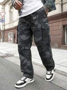 Pantaloni cargo casual da uomo taglie forti con mimetica, gamba dritta ampia, vita elastica con coulisse, pantaloni lunghi con tasche multiple - nero - Visualizzare 5