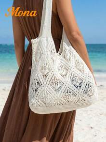 Boho Hollow Knit Tote Bag With Rhinestone Shiny Decor Women Summer Beach Shoulder Bag For Vacation Party Dating Shopping Cruise Travel - Beige - View 2