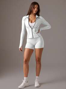 Soyun New Night Running Reflective Outdoor Sports Yoga Quick Drying Anti Fuzzing Jacket, Thumb Pocket Stand Up Collar Design, Daily Casual - White - View 5