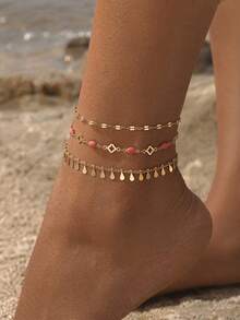 3pcs/Set Minimalist Design Water Drop Tassel Handmade Chain Four-Leaf Clover Decor Anklet Multi-Layer Stackable Gold-Tone Women's Foot Jewelry Suitable For Daily Wear And Date Photo Shooting Chain Length Cut By Section With Unfixed Number Of Segments - Multicolor - View 1