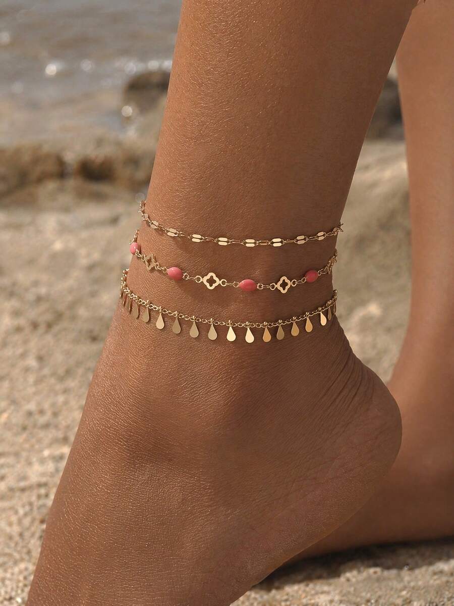 3pcs/Set Minimalist Design Water Drop Tassel Handmade Chain Four-Leaf Clover Decor Anklet Multi-Layer Stackable Gold-Tone Women's Foot Jewelry Suitable For Daily Wear And Date Photo Shooting Chain Length Cut By Section With Unfixed Number Of Segments - Multicolor - View 1