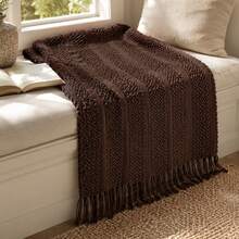 1pc Solid Color Knitted Blanket, Nordic Style Tassel Design Soft Blanket, Office Nap Blanket, Bed Cover, Sofa Throw, Suitable For Daily Use - Twisted Towel Coffee - View 7