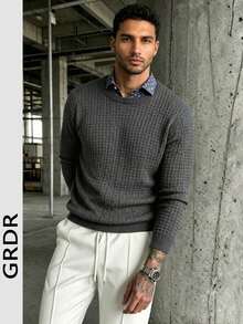 Men's Casual Jacquard Knit Crew Neck Long Sleeve Sweater - Dark Grey - View 1
