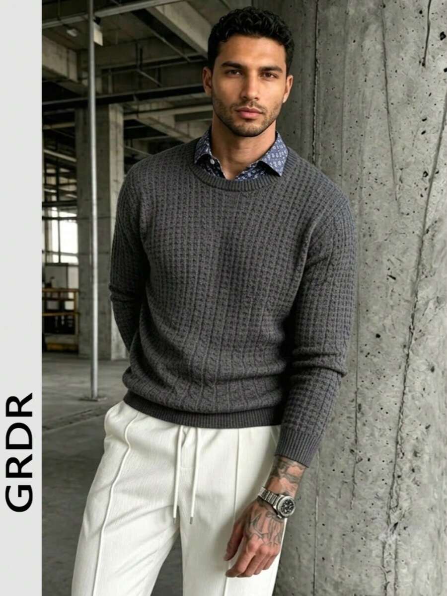 Men's Casual Jacquard Knit Crew Neck Long Sleeve Sweater - Dark Grey - View 1