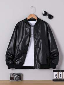 Teen Boy Spring/Autumn Black Solid Color Fashionable Retro Versatile Streetwear PU Leather Jacket With Slanted Pockets Baseball Collar Cool Handsome Outerwear Autumn New Style Jacket - Black - View 1