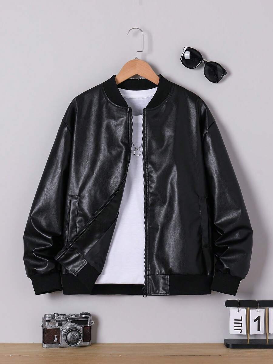 Teen Boy Spring/Autumn Black Solid Color Fashionable Retro Versatile Streetwear PU Leather Jacket With Slanted Pockets Baseball Collar Cool Handsome Outerwear Autumn New Style Jacket - Black - View 1