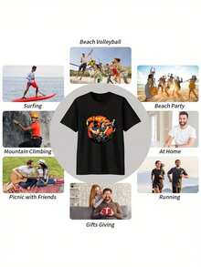 Herren Kurzarm T-Shirt aus reiner Baumwolle mit Grafikdruck, lässiges Streetwear-Design, Action-Charakter-Muster, Sommer-Alltags-T-Shirt - Schwarz - Übersicht 5