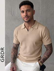 GRDR Men's Solid Color Waffle Knit Polo Shirt With Collar, Short Sleeve, Lightweight Casual Top - Apricot - View 5