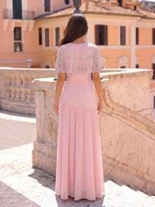 New Heavy Embellished Luxury Diamond Shawl + Bandage Dress 2-Piece Set, Flowing Mesh Skirt, Elegant Glamorous Birthday Party Bandage Dress - Pink - View 6