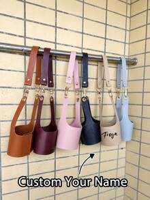 Customizable Text Leather Cup Sleeve, Made Of High-Quality Faux Leather Material, Features Adjustable Elastic Design, Fits Various Sizes Of Milk Tea Cups, Coffee Cups And Insulated Cups - Multicolor - View 2