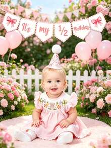 1/2pcs-"1/2 Year Old Birthday" Girl Set: Includes Hat, Decorative Banner, Princess Crown And Bow Accessories (Suitable For 6 Months Old Baby Party) Baby Party Decoration - Multicolor - View 4