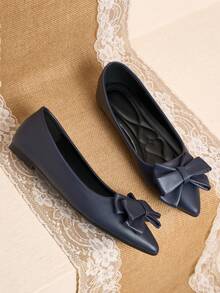 Pointed Toe Shallow Opening Bow Flat Shoes, Delicate Satin Texture, Soft And High-End Feel, Versatile Shoes. - Blue - View 3