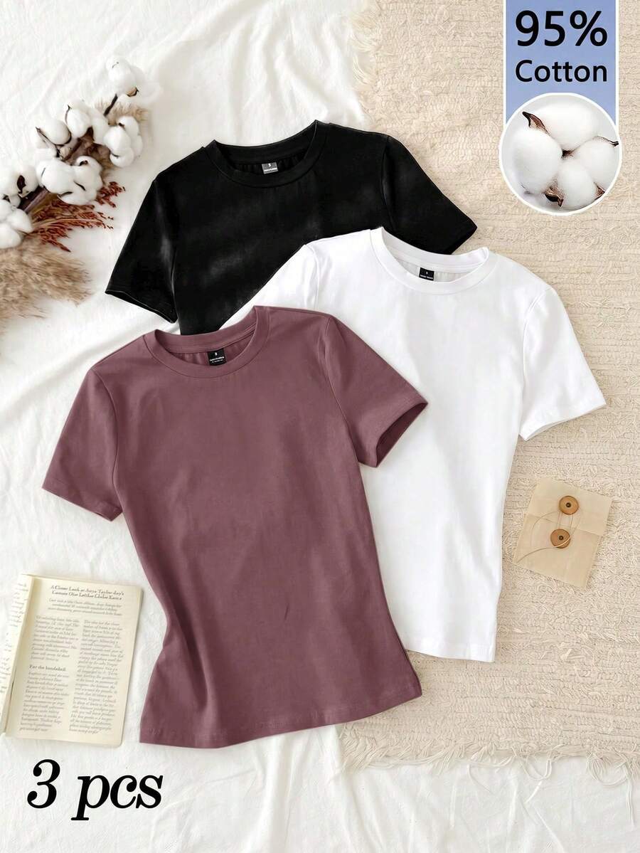 Set Of 3 Slim-Fit Long-Sleeved T-Shirts With Round Neck, 95% Cotton, Minimalist And Casual Style For Women - 多色 20 - 查看 1