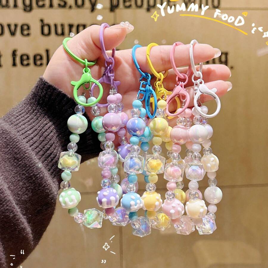 Colorful Beaded Phone Chain Wrist Strap, Multiple Candy Color Acrylic Bead Chains, Bowknot Star Flower Decoration, Detachable Phone Case Pendant, Bag Charm, Keychain Accessory, Sweet Girl Gift, Sold Individually