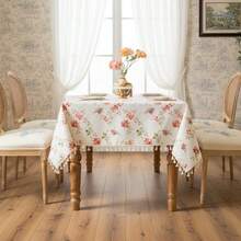 1pc Watercolor Rose & Wildflower Print Tassel Rectangular Tablecloth, Fresh Farmhouse Style Washable Dining Tablecloth, Suitable For Kitchen, Picnic, Dinner Party, Wedding, Indoor/Outdoor Use - Blue and White - View 6