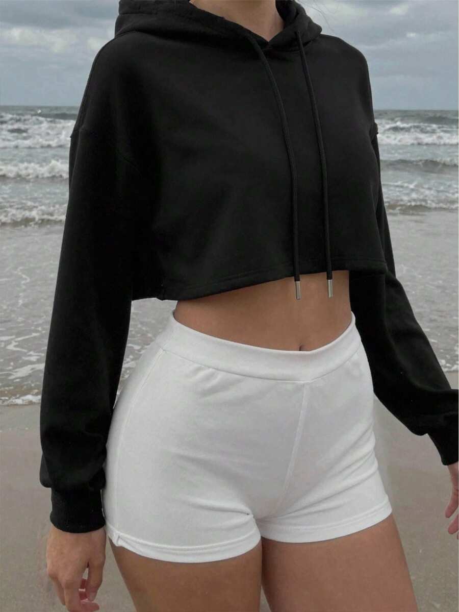 Women's Autumn Sports Sweatshirt, Short Design, Printed, Multi-Color Options, Thick Drawstring Hooded Grey Sweatshirt Black