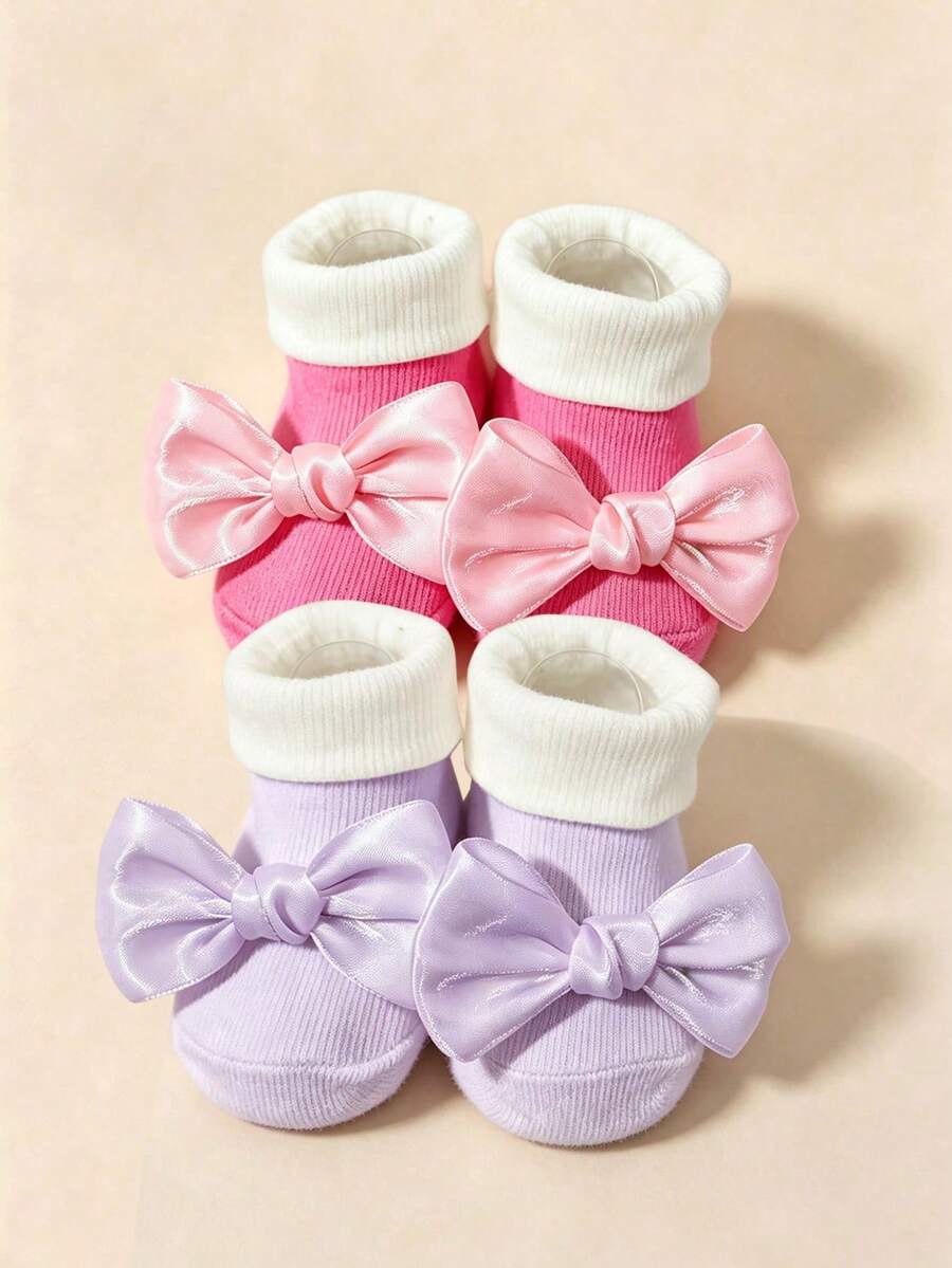 2 Pairs Sweet & Cute Bow Decor Color Block Elegant Short Socks For Baby Girls, Cuffed Socks, Candy Color Palette, Suitable For Full Moon Photo Shoot, As Gift - Multicolor - View 1