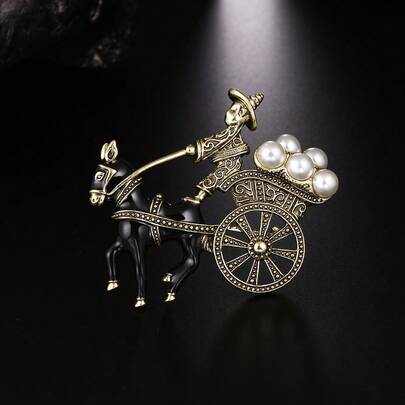 1pc Vintage Donkey Cart Brooch, Antique Gold Tone With Black Enamel & Faux Pearl Accents, Retro Figurine Pin For Women's Coats, Dresses & Scarves