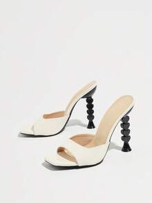 Jin Bei Qi Chaussures mules à talon haut pour femmes, bout carré, bout ouvert, bride unique, texture premium, sexy et à la mode, vintage décontracté, teint flatteur, mélangeant la modernité et l'élégance française, convient pour le port en extérieur en été, les fêtes, les rassemblements, les soirées mondaines, les activités de plein air, les boîtes de nuit, assorties aux sandales à talon haut asymétrique vert olive en forme de cœur - Nude - Voir 6