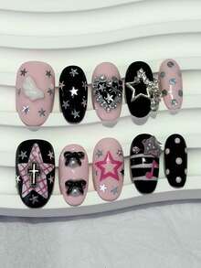 10pcs Y2K Hot Girl Nail Art Black & Pink Contrast Bow, Star, Wing, Cross, Heart, Rhinestone, Pearl, Polka Dot Decor Removable Nail Stickers (1 Sheet Jelly Stickers + 1 Nail File) Nails Handmade Press On Nails - Multicolor - View 1