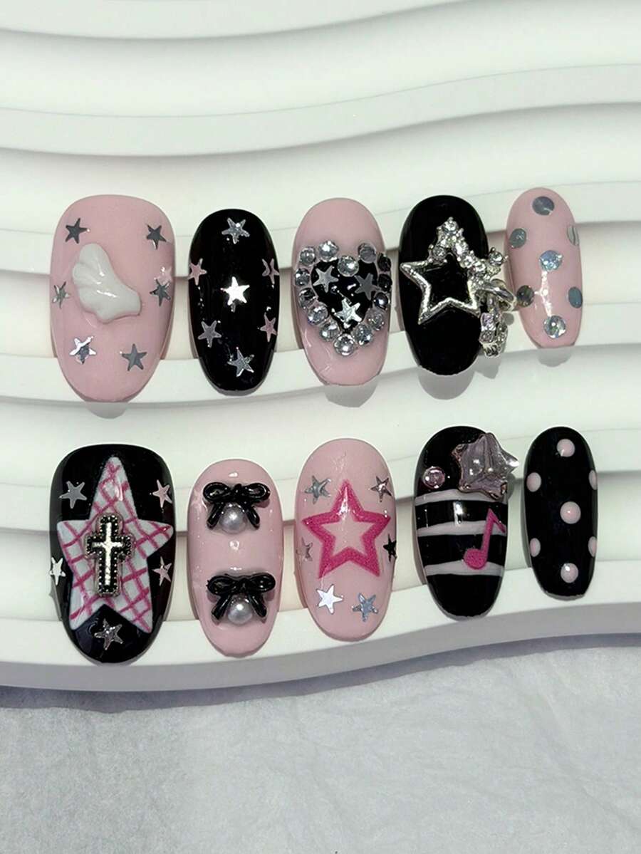 10pcs Y2K Hot Girl Nail Art Black & Pink Contrast Bow, Star, Wing, Cross, Heart, Rhinestone, Pearl, Polka Dot Decor Removable Nail Stickers (1 Sheet Jelly Stickers + 1 Nail File) Nails Handmade Press On Nails - Multicolor - View 1
