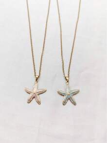 1pc Natural Style Stainless Steel Gold-Plated Blue & Pink Starfish Pendant Necklace, Unisex, Suitable For Daily Wear, Beach Vacation, Holiday, Niche Luxury, Simple & Versatile - Multicolor - View 3
