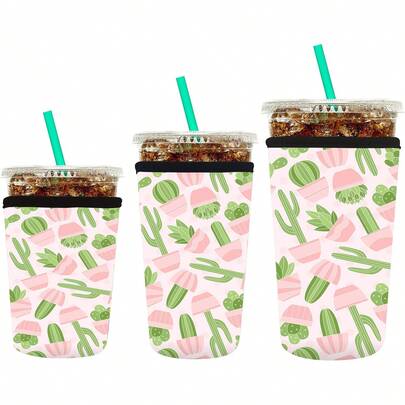 Reusable Iced Coffee Warming Sleeves, Pink Cactus Pattern Design, Suitable For Cold Drinks. A 3-Pack Of Neoprene Coffee Warming Sleeves, Suitable For Both Iced And Hot Drinks, Compatible With Coffee And Other Beverages.
