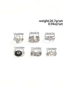 Set 6 buah cincin bergaya street punk modis dengan motif bintang dan geometris untuk pria, cocok untuk pemakaian kasual sehari-hari. - Antique Silver - View 5