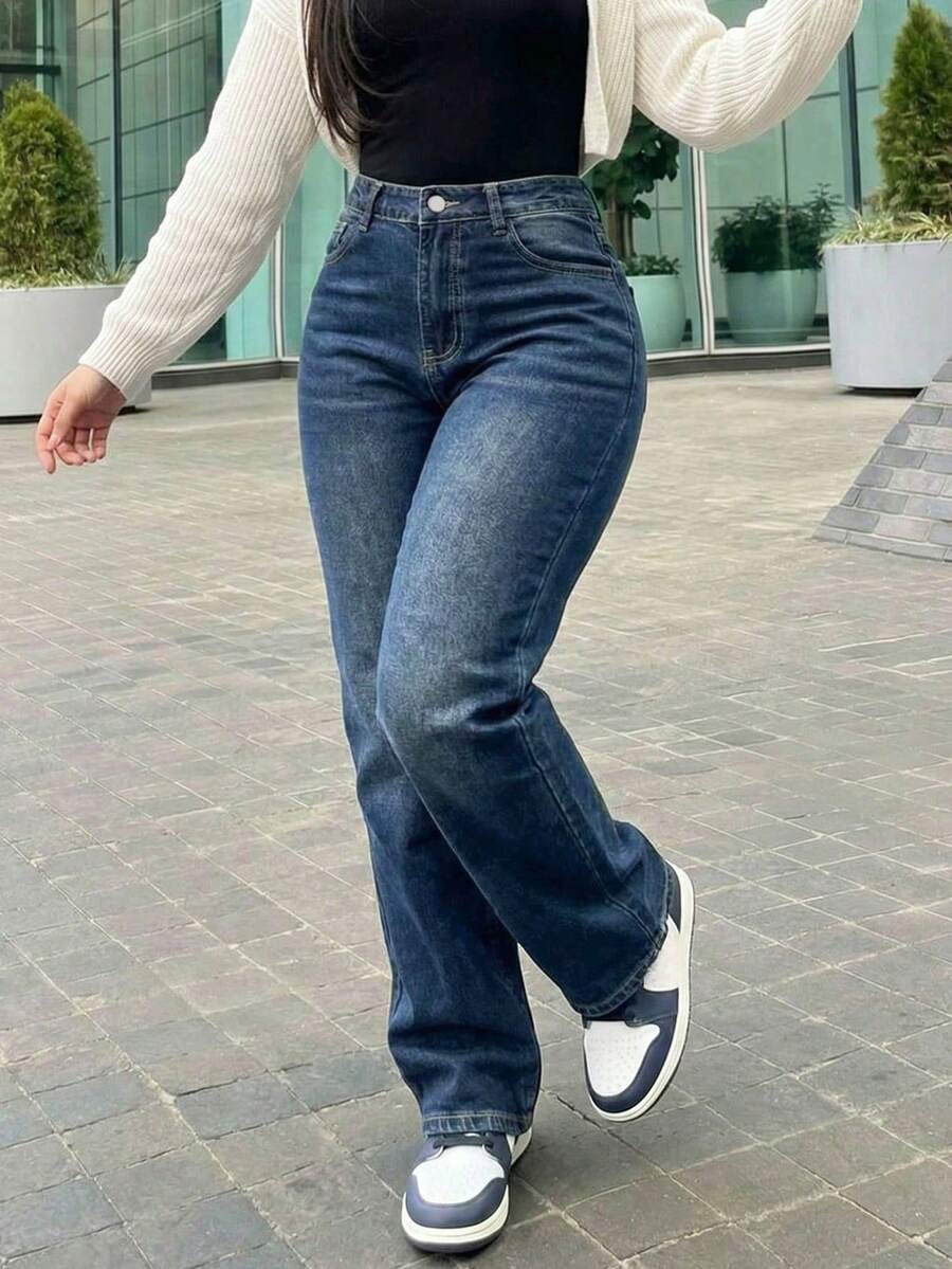 Women's Vintage Minimalist Elastic Waist Casual Loose Straight Leg Denim Jeans Fall - Dark Wash - View 1