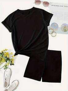 Un conjunto de manga corta para mujer, elegante e casual, , fabricado con material suave y transpirable, ideal para el ocio - negro+negro - Ver 2