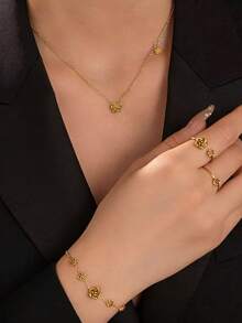 1 set Collier en acier de titane fleur de camélia + 1 bracelet + 2 bagues, ensemble de bijoux élégants fleur de camélia pour porter en couches collier, bague, bracelet - Doré - Voir 7