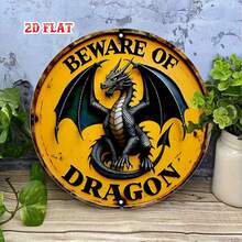 2D Flat 1pc Winged Beast Metal Tin Sign, Yellow Round Sign, Design 7.8X7.8 Round Sign - Beware Of Dragon Rustic Metal Wall Art, Metal Wall Decor, Suitable For Home, Garage, Restaurant, Cafe Wall Decoration Sign, 2D Flat - Multicolor - View 6