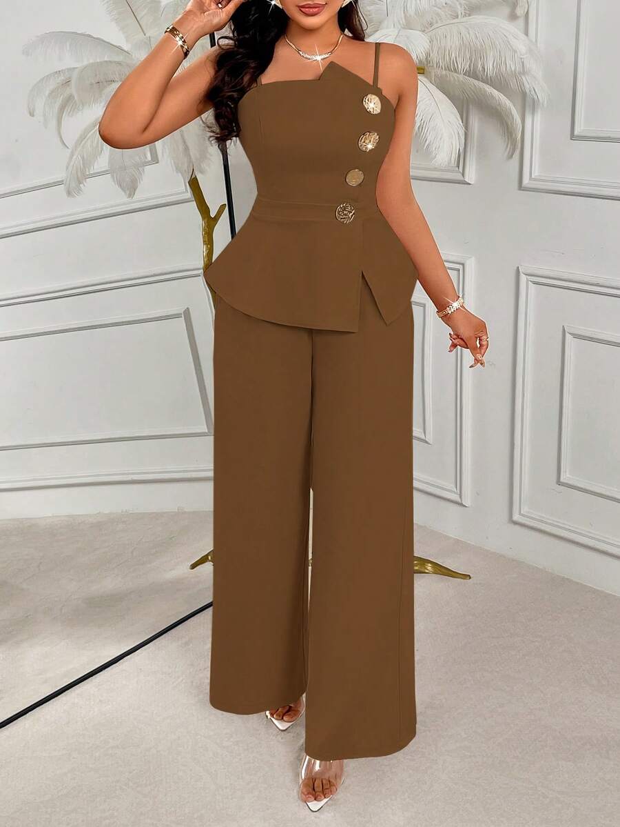 AIJ Amarilo Women's Coffee Brown 2-Piece Set, Elegant Spaghetti Strap A-Line Waist Ruffle Top & Wide Leg Pants - Summer - Coffee Brown - View 1