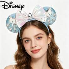 Disney Blue Glitter Snowflake Minnie Ears Headband, Iridescent Bow Rhinestone Headband, Theme Park Photo Accessory - View 2