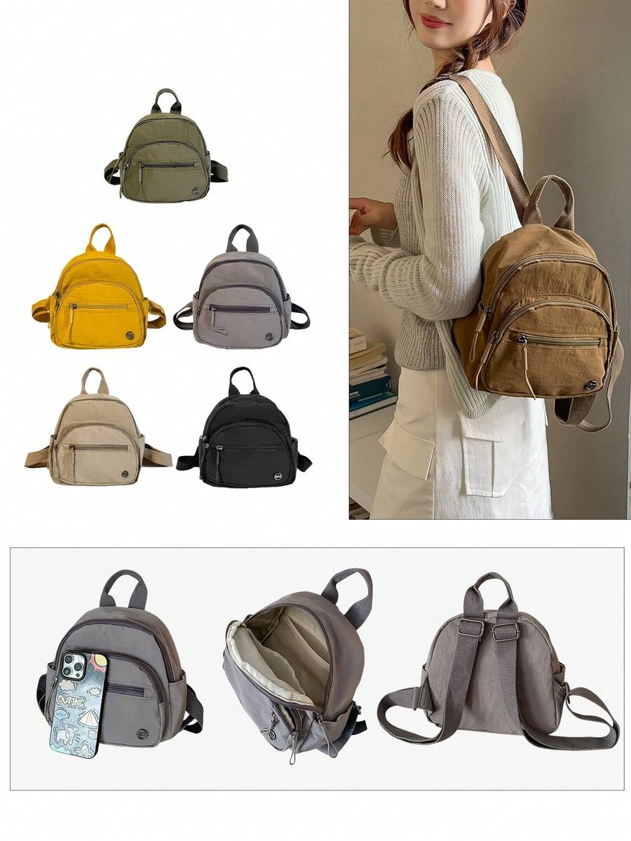 Women's Mini Lightweight Nylon Backpack, Multi-Color Casual Daypack With Front Zipper Pocket & Metal Logo Tag For Daily Use - Multicolor - View 1