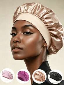 2/1 Momme Silk Sleep Cap, Soft Elastic Silk Night Cap, Summer Cool-Touch Hair Protection Silk Night Cap (Black, Gold And Pink) - One Size Fits All - View 3