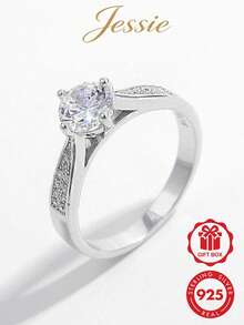 Jessie Jewelry 1pc Elegant Romantic 925 Sterling Silver Cubic Zirconia Round Main Stone Ring, Dating Wedding Engagement Gift - Silver - View 1