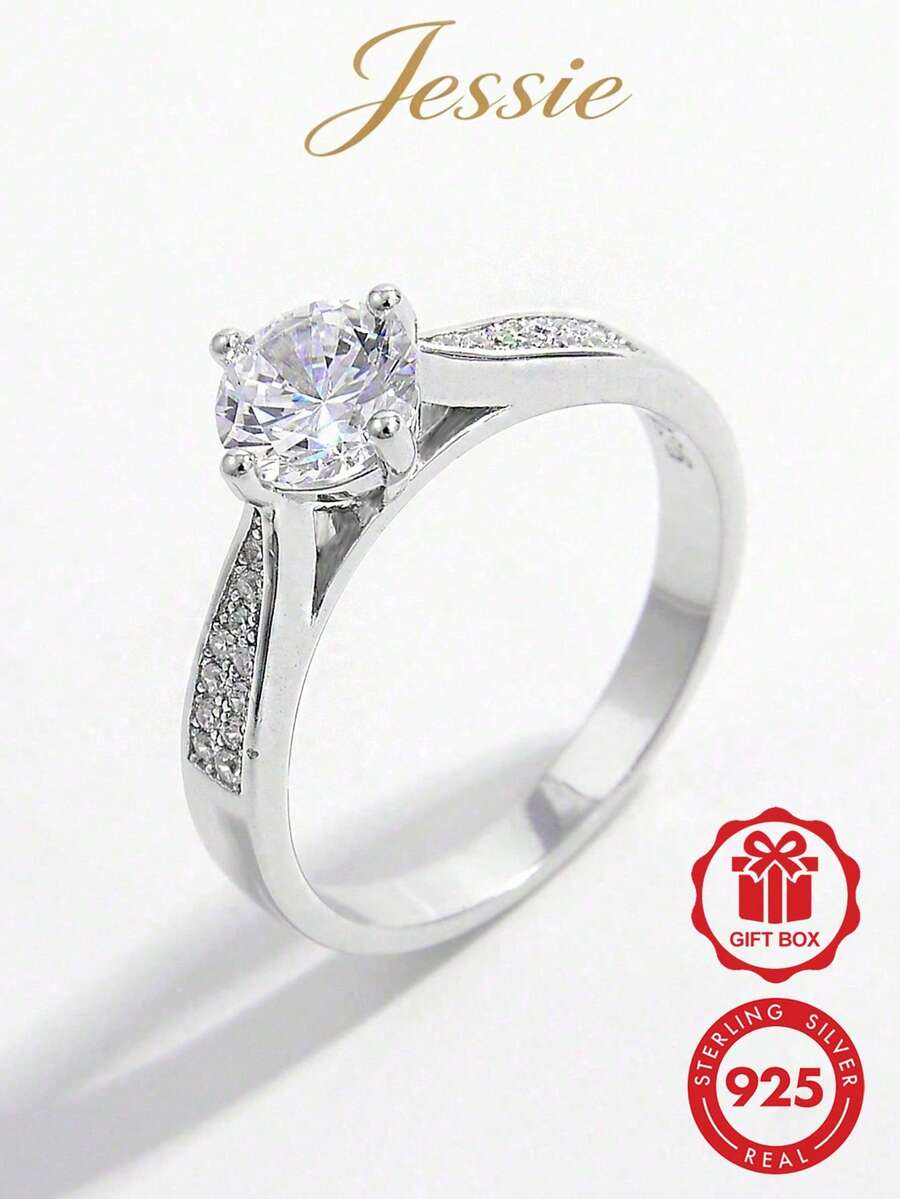 Jessie Jewelry 1pc Elegant Romantic 925 Sterling Silver Cubic Zirconia Round Main Stone Ring, Dating Wedding Engagement Gift - Silver - View 1