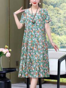 New Casual Mid-Length Loose-Fitting Printed Dress For Women, Stylish For Summer Vacation - 深金色 - 查看 10