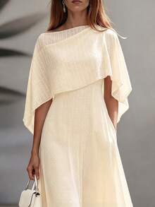 Fashionable Women's White Asymmetrical Neckline Pullover Design Flowy Long Dress, Suitable For Elegant Occasions - Apricot - View 4