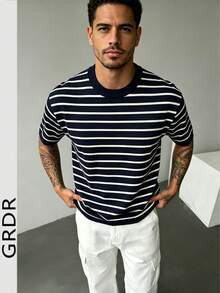 GRDR Men's Casual Navy Blue & White Striped T-Shirt - Simple & Fashionable Short Sleeve For Summer - Navy Blue - View 1