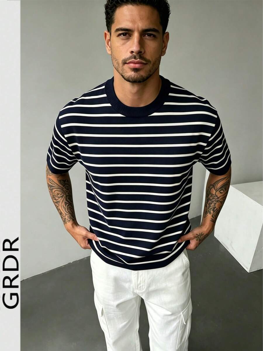 GRDR Men's Casual Navy Blue & White Striped T-Shirt - Simple & Fashionable Short Sleeve For Summer - Navy Blue - View 1
