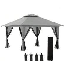 4x4m Folding Pavilion, Collapsible Garden Shelter With UV Protection And Mesh Walls, Double Roof, Weatherproof And Dark Grey - Dark Grey - View 1