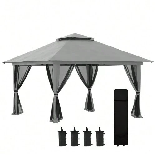 4x4m Folding Pavilion, Collapsible Garden Shelter With UV Protection And Mesh Walls, Double Roof, Weatherproof And Dark Grey - Dark Grey - View 1