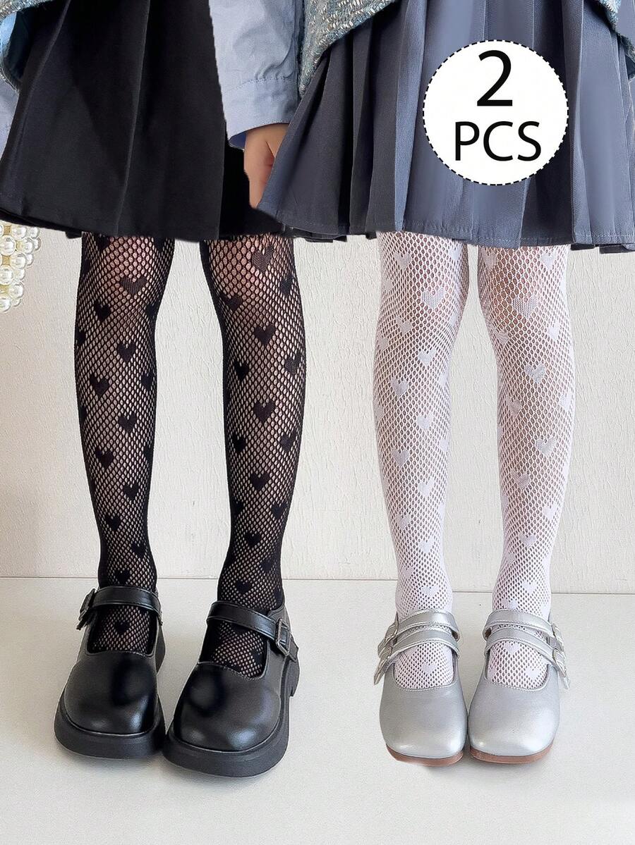 2雙女童幼兒愛心圖案連褲襪,黑白純色,連腳網眼褲襪,春夏款,可愛學院風連腳長褲,適合學生日常穿著、派對穿搭,可搭配裙子、短褲、小皮鞋,開學季、學生、新學期、開學、教室 - 彩色 - 查看 1