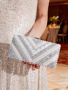 Handmade Evening Clutch/Handbag With Glitter And Rhinestone Embellishments, Party Bag, Cosmetic Bag, Shoulder Bag With Strap, Fashion Handbag - 軍綠色 - 查看 3