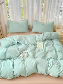 Blue & White Colorblock Washed Polyester Skin-Friendly Duvet Cover 3 Pieces Set - Cadet Blue - View 7
